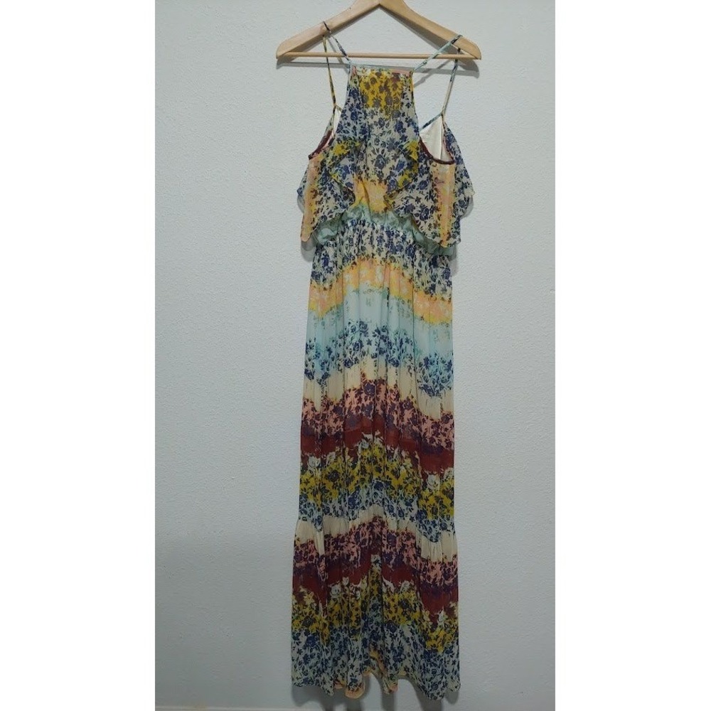 Bebe Floral Print Maxi Dress L Ruffle Tiered Spaghetti Strap V Neck Yellow Blue - Picture 8 of 13